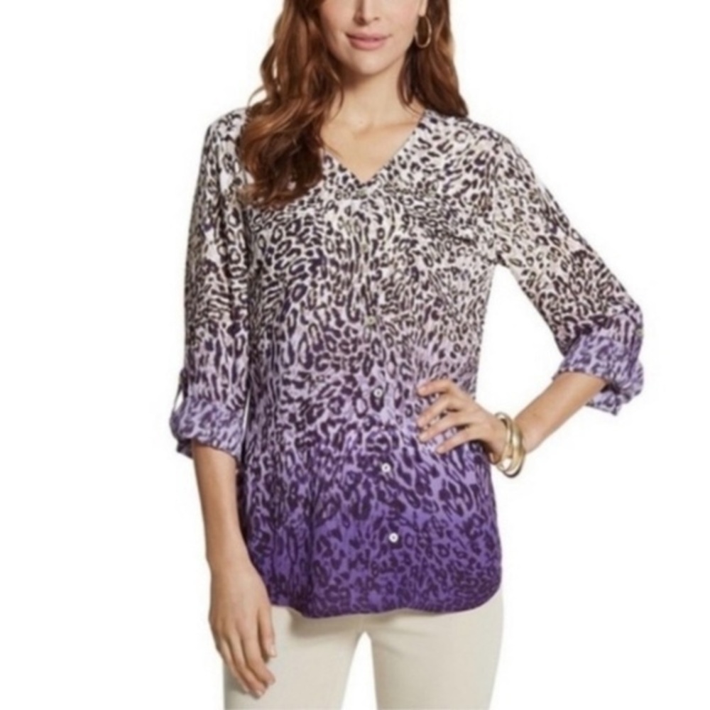 Chico’s Purple Leopard Print Ombre Tunic Blouse Size XL Top